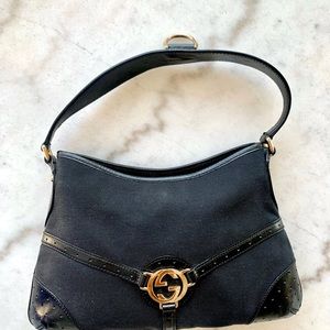 Authentic Gucci Medium Leather and Canvas and Perforated Leather Reins Hobo Bag